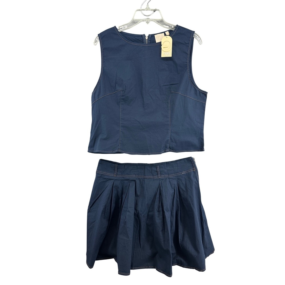 GLG Good Luck Gem Navy Blue Set Crop Top Pleated Mini Skirt XL Sporty Preppy